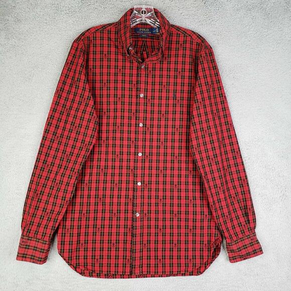 Polo Ralph Lauren Shirt Red Skull Crossbones AOP Button Down LS Slim Fit Punk - Picture 4 of 14